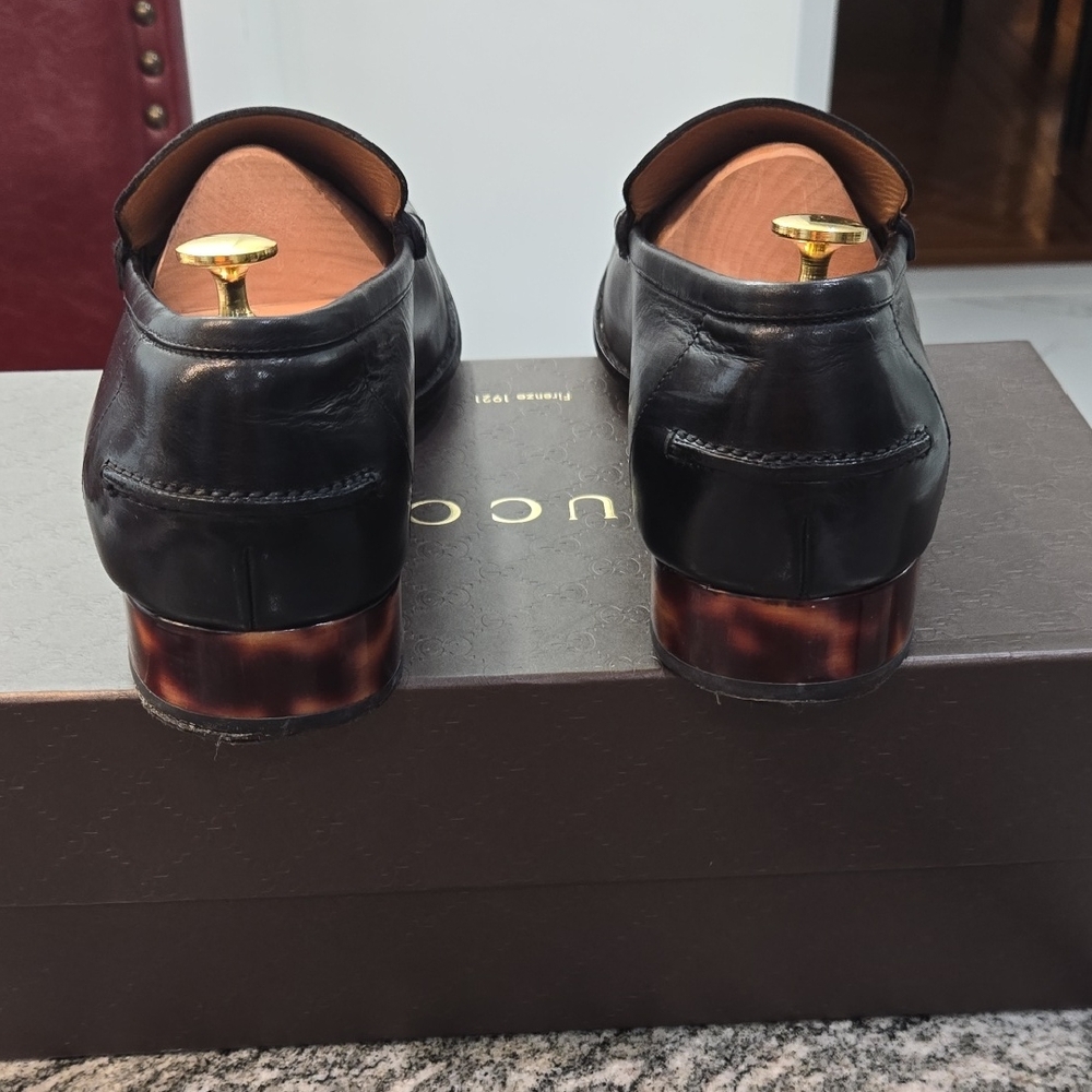 Gucci Black Leather Loafers with Brown Heels, Gently Worn!